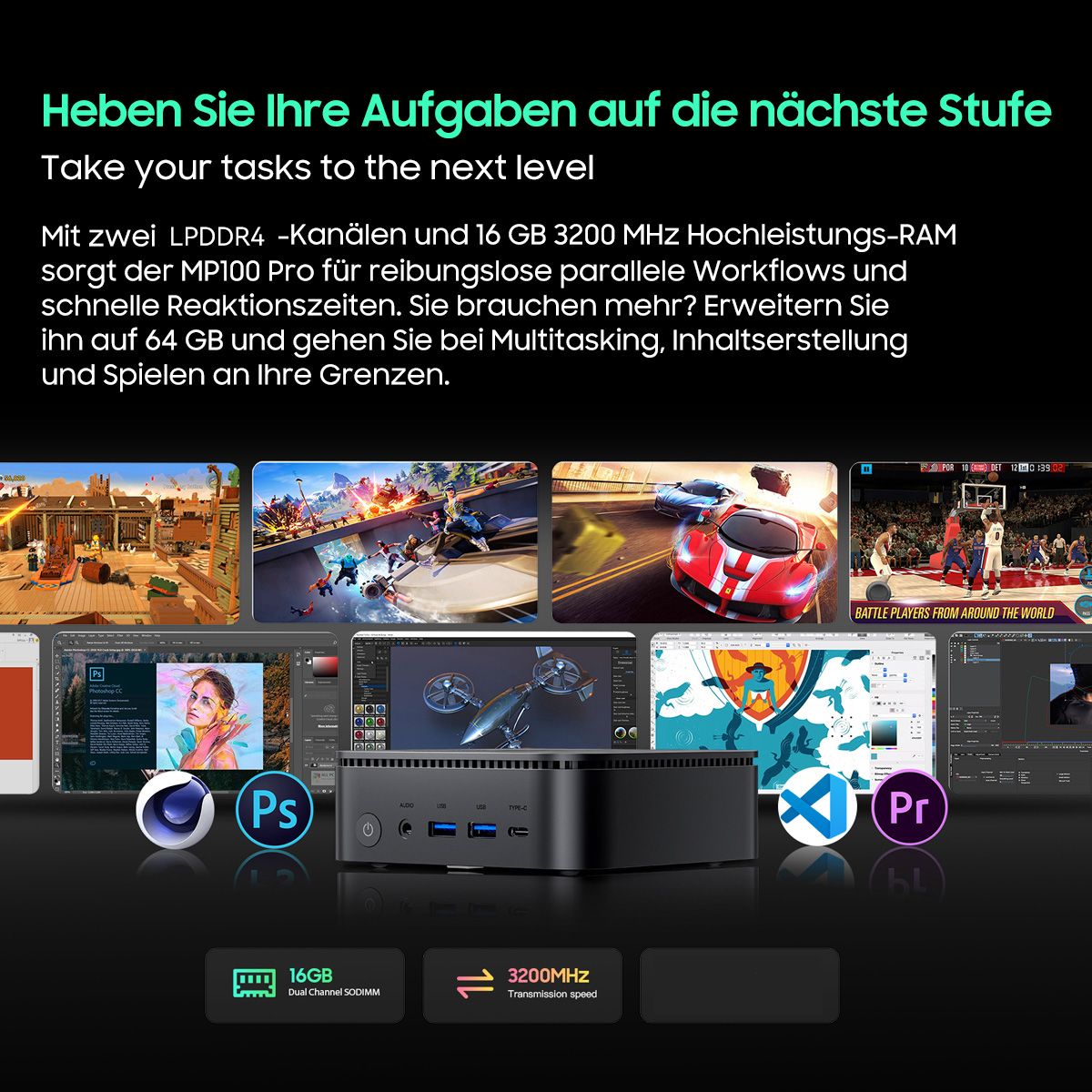 Mini-PC mit RAM-Spezifikationen, Software-Logos und Leistungsanzeigen.