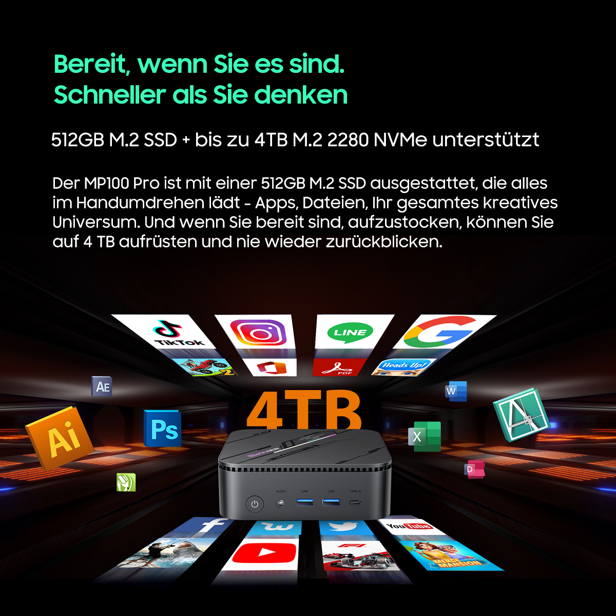 Ein schwarzer Mini-PC mit 4TB-Aufschrift ist in einem futuristischen Raum von App-Symbolen umgeben.