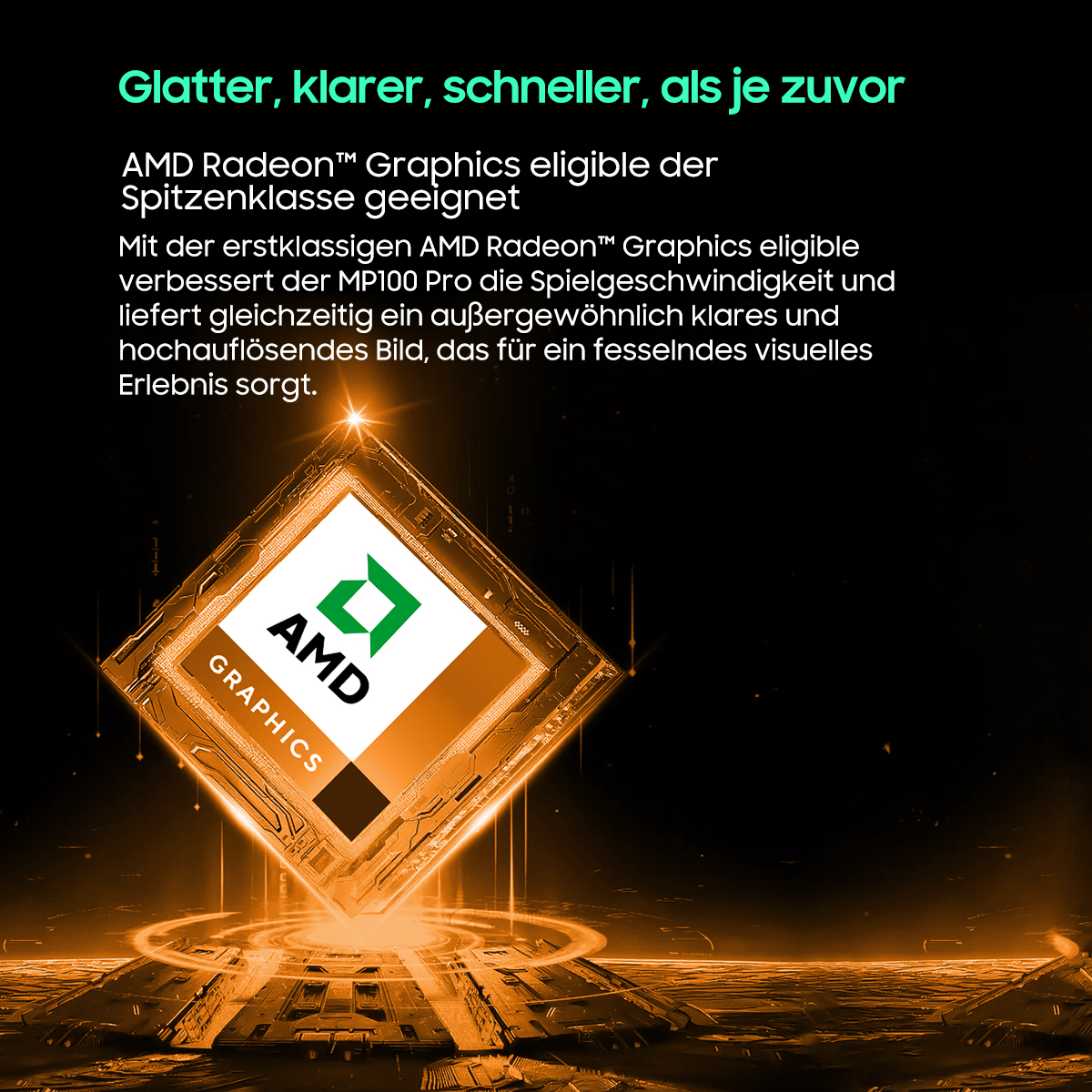 Ein AMD Radeon-Grafikchip leuchtet orange und grün vor einem dunklen Hintergrund mit deutschem Werbetext.