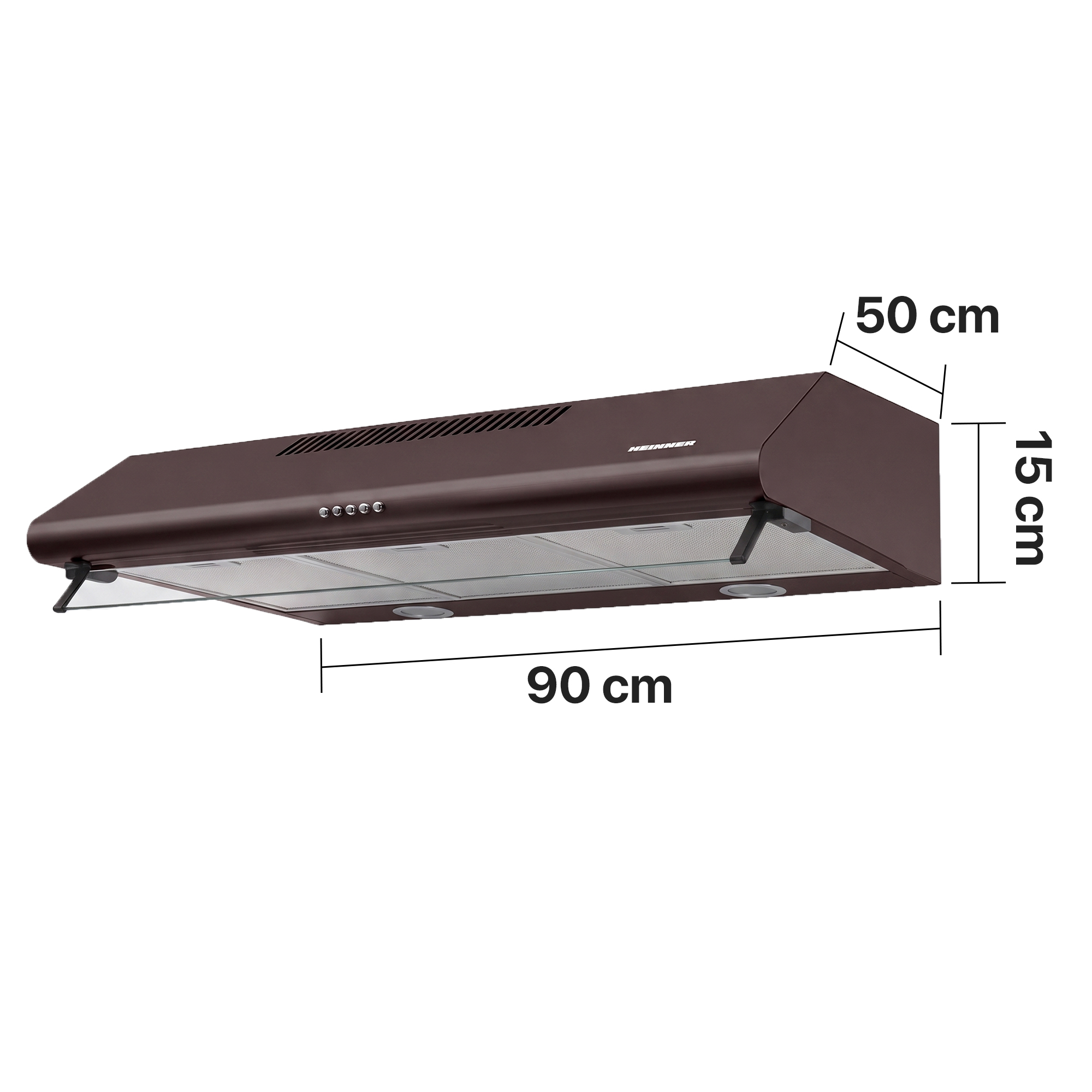 Braune Dunstabzugshaube mit Maßangaben von 90 cm Breite, 50 cm Tiefe und 15 cm Höhe.