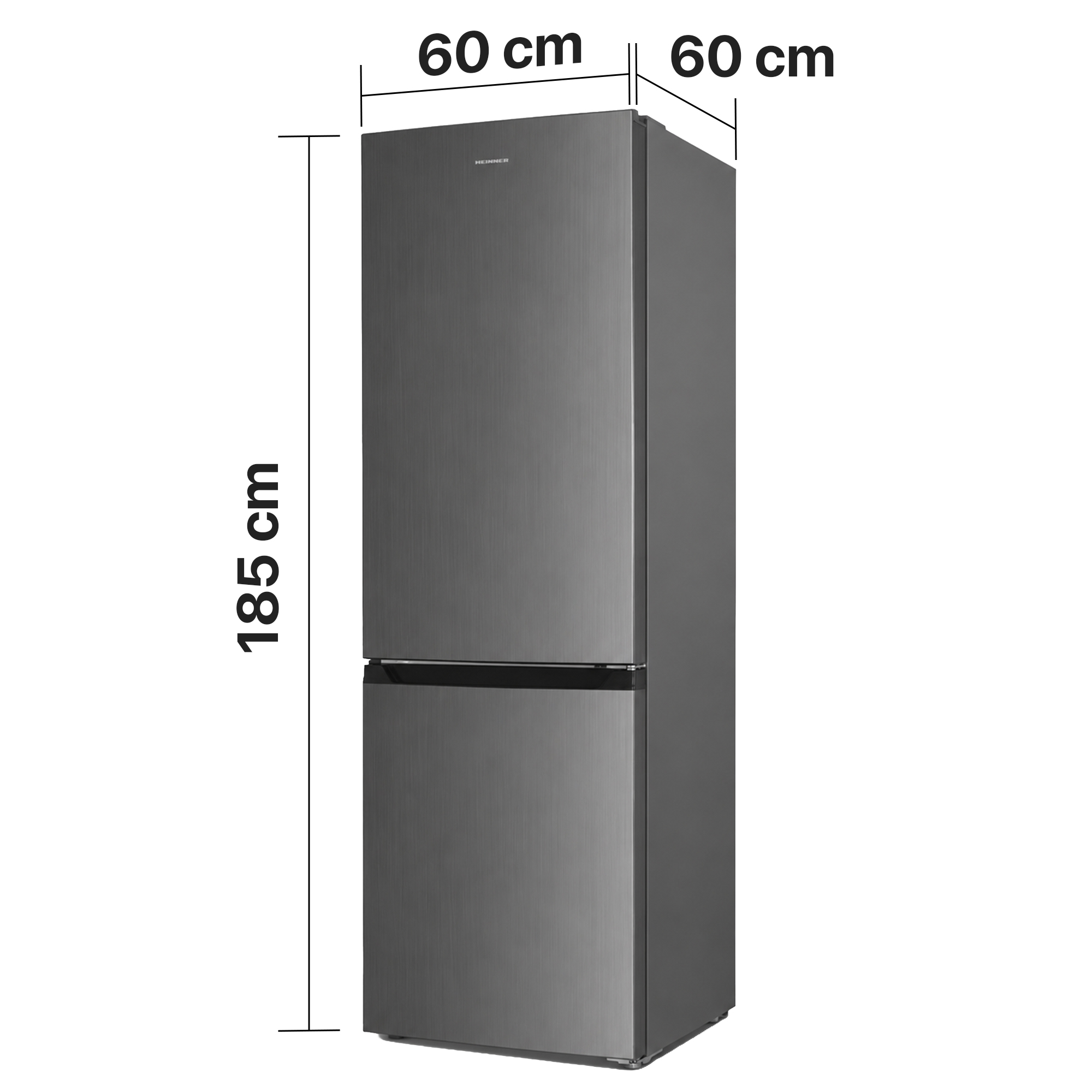 Grauer, freistehender Kühlschrank mit Abmessungen von 185 cm Höhe, 60 cm Breite und 60 cm Tiefe.