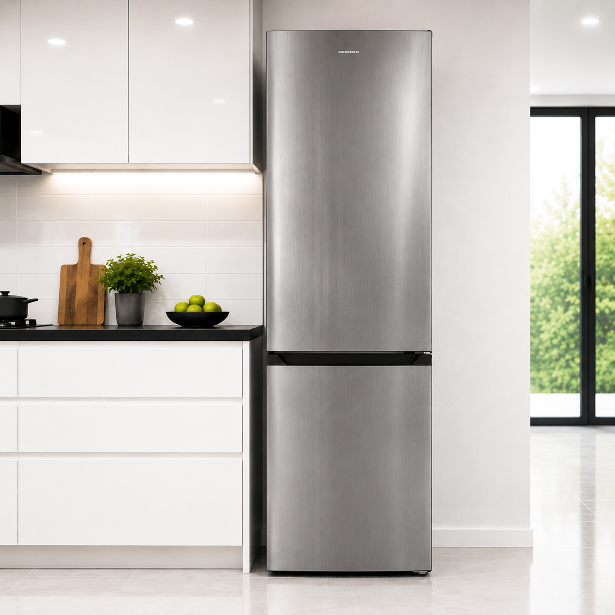 Moderne Küche mit Edelstahlkühlschrank, weißen Schränken, schwarzer Arbeitsplatte, Kräutertopf und grünen Äpfeln.