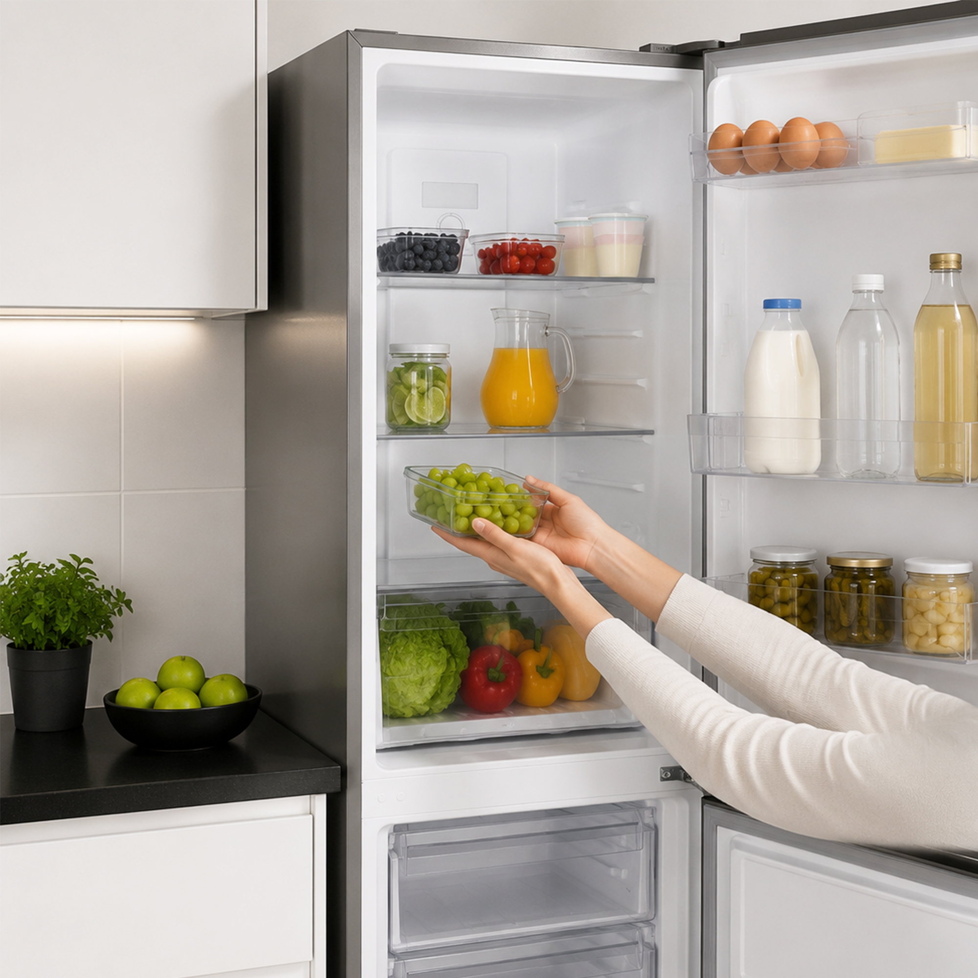 Eine Person legt eine Schüssel mit grünen Trauben in den gut gefüllten offenen Kühlschrank.