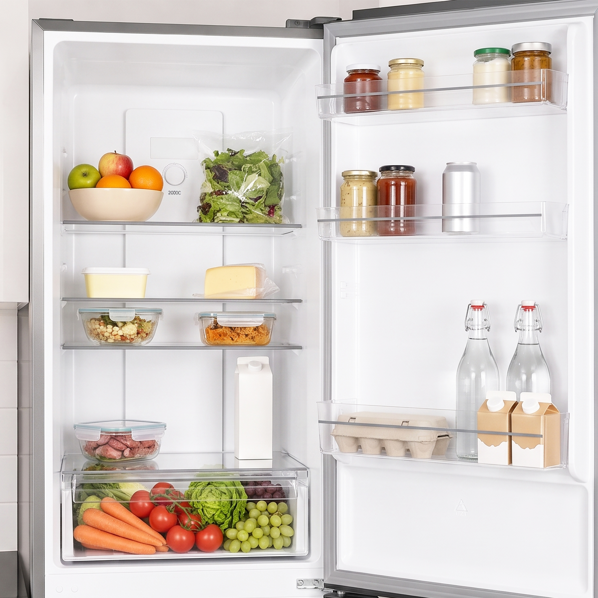 Ein offener Kühlschrank mit frischem Obst, Gemüse, Gläsern, Flaschen und Behältern in den Regalen.