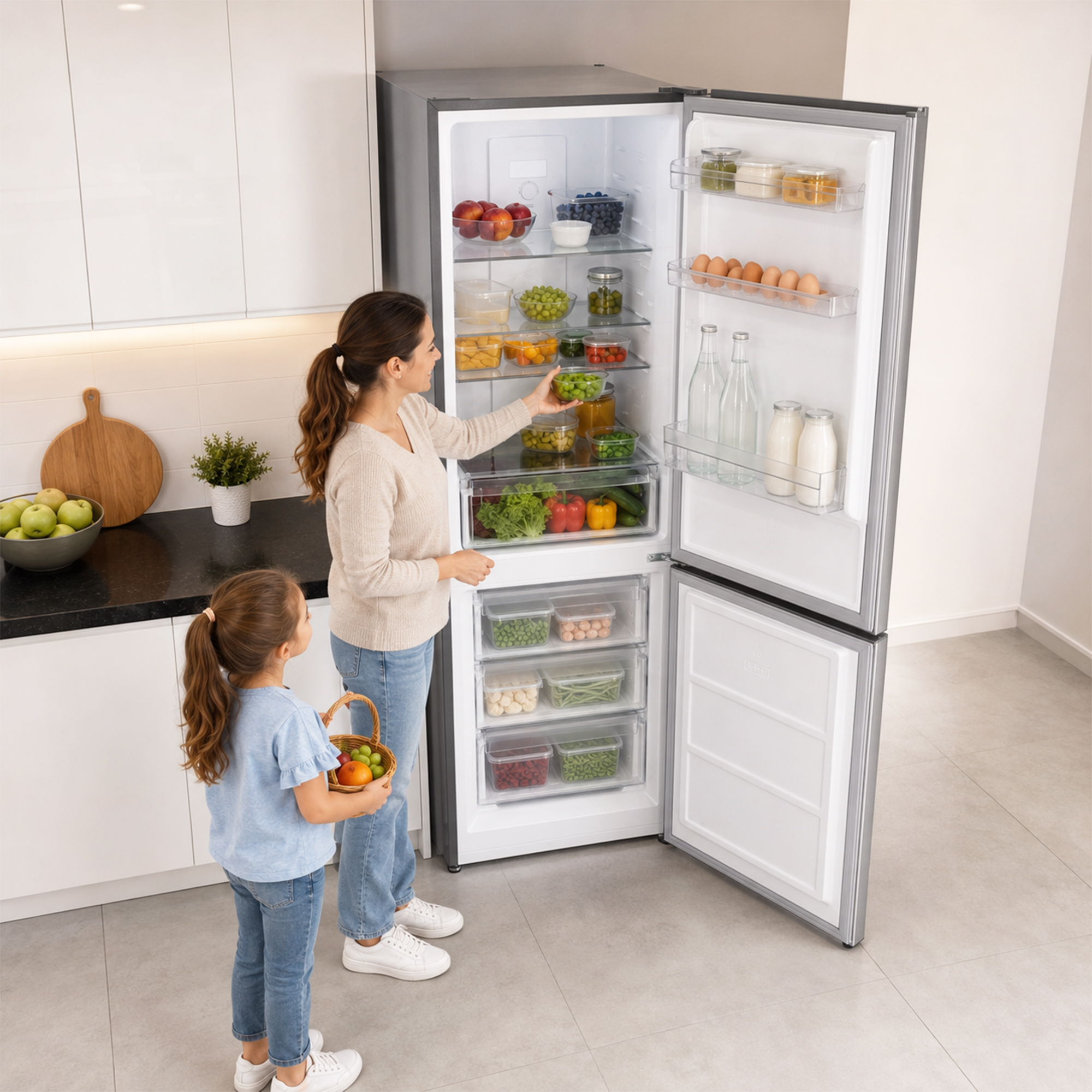 Frau stellt Schüssel in gut gefüllten Kühlschrank, Kind hält Korb mit Obst.