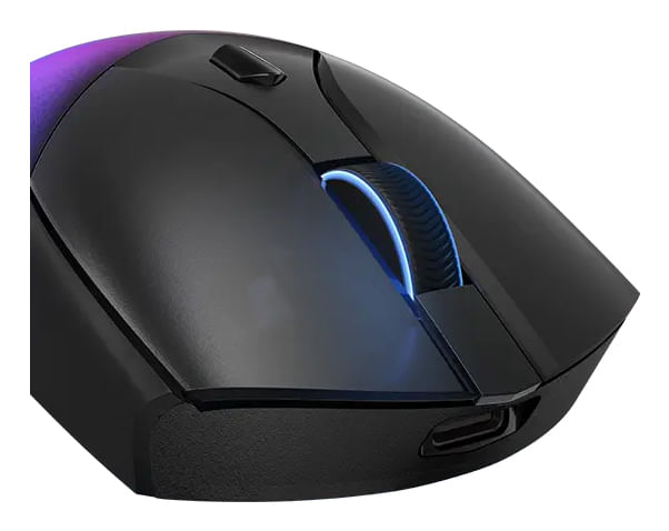 Souris d'ordinateur noire avec un anneau lumineux bleu sur la molette et port de charge.