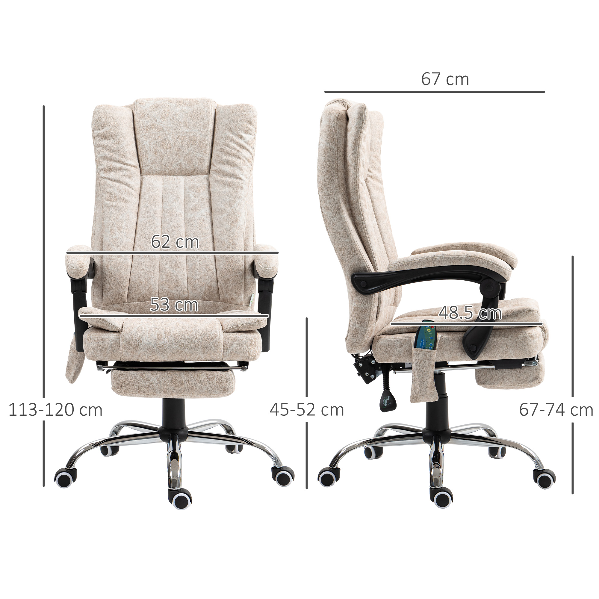 Sedia da ufficcio beige mostrata con dimensioni da davanti e lato.
