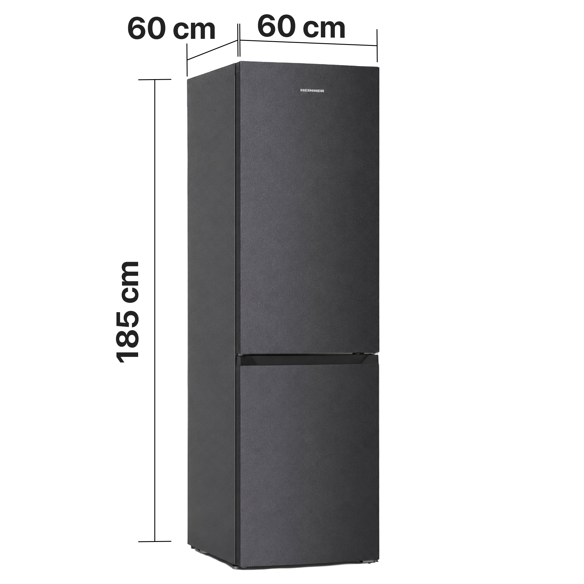 Ein grauer Standkühlschrank mit den Abmessungen 185 cm Höhe, 60 cm Breite und 60 cm Tiefe auf weißem Hintergrund.