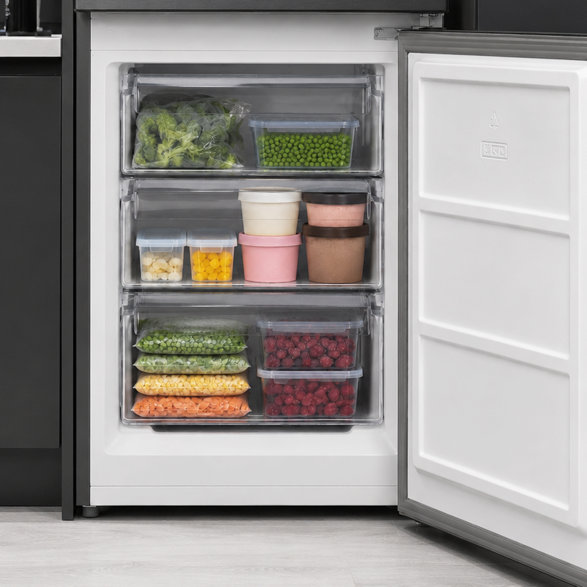 Ein offener Tiefkühlschrank mit drei transparenten Schubladen voller Gemüse, Beeren und gefrorener Lebensmittel.