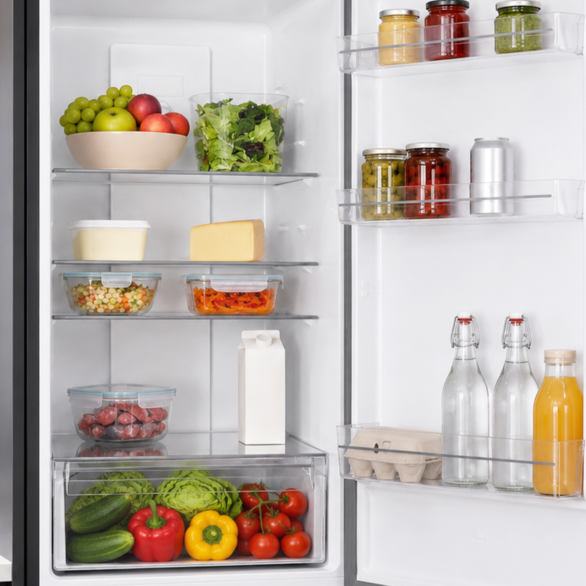 Geöffneter Kühlschrank gefüllt mit frischem Gemüse, Obst, Behältern, Getränken und Gläsern in den Türfächern.
