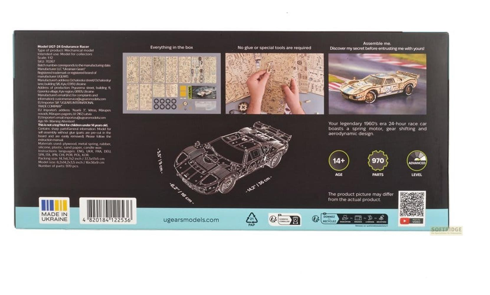 Rückseite einer Ugears Modellbox mit Bauteilen, Montagebildern und Infos zum UGT-24 Endurance Racer.