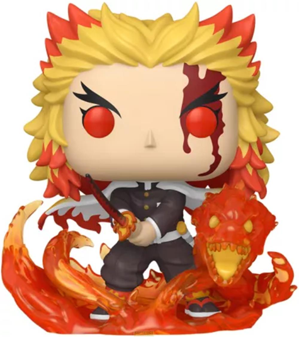 Figura Funko Pop de Rengoku con pelo amarillo y rojo, espada y efecto de fuego sobre fondo blanco.