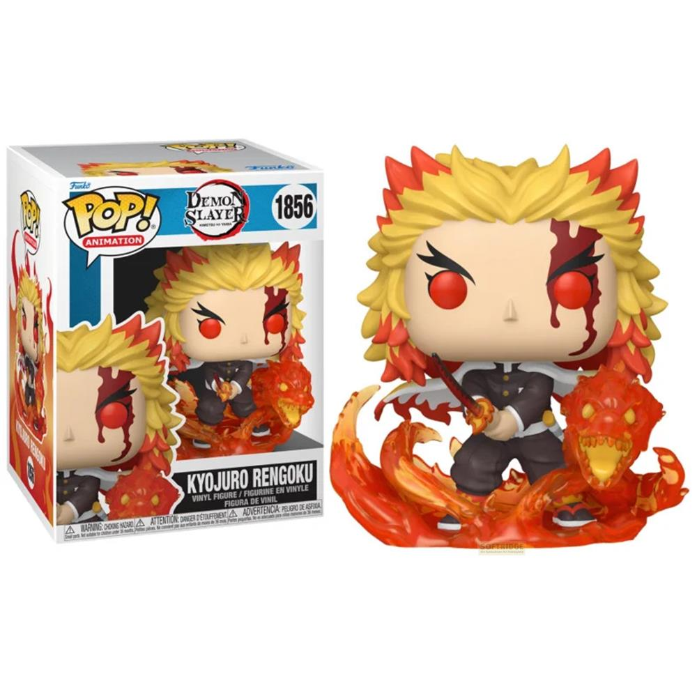 Figura de vinilo Funko Pop de Kyoujuro Rengoku con fuego y su caja.