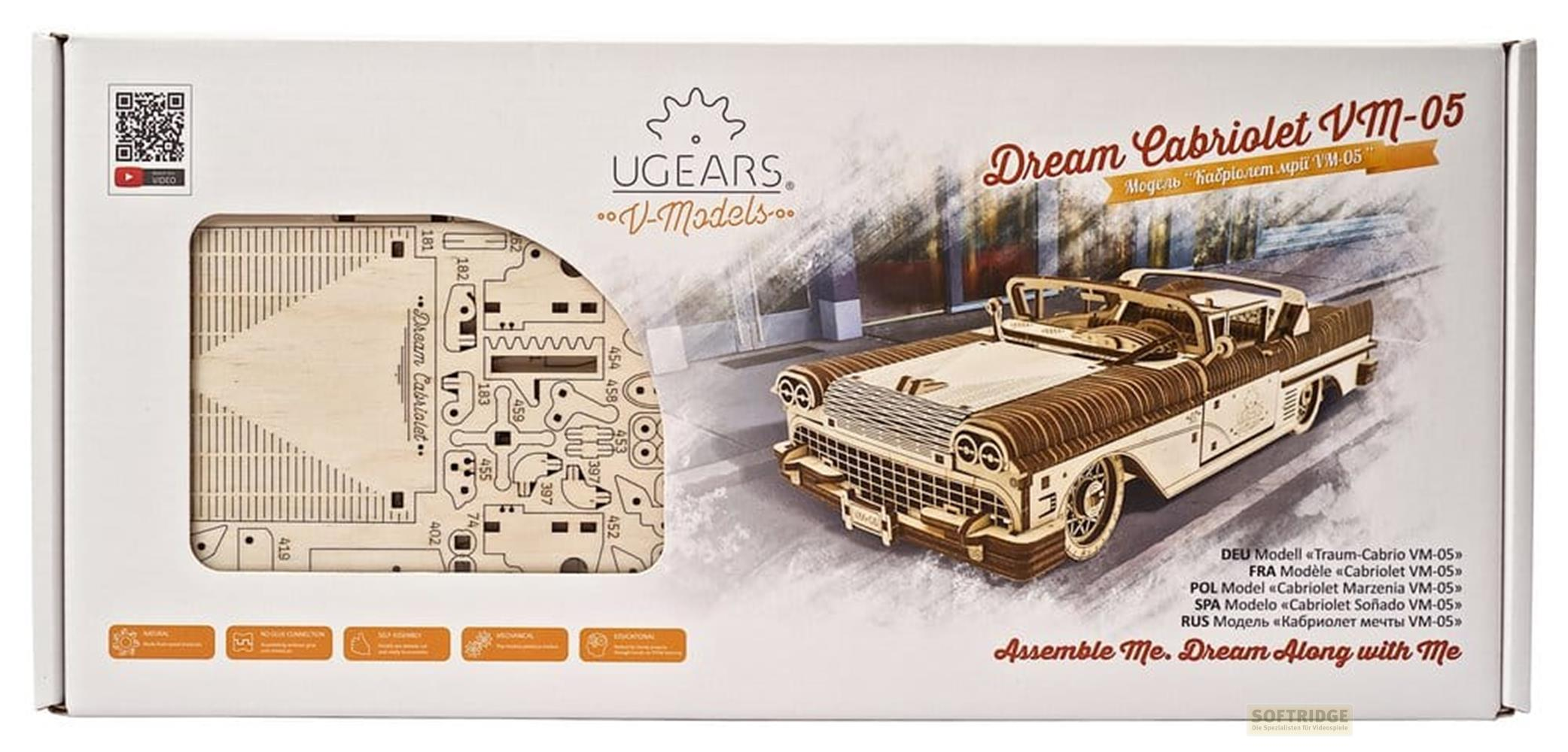 Ugears Dream Cabriolet Holzmodell-Bausatz in weißer Verpackung mit Bild des fertigen Autos und Teilen.