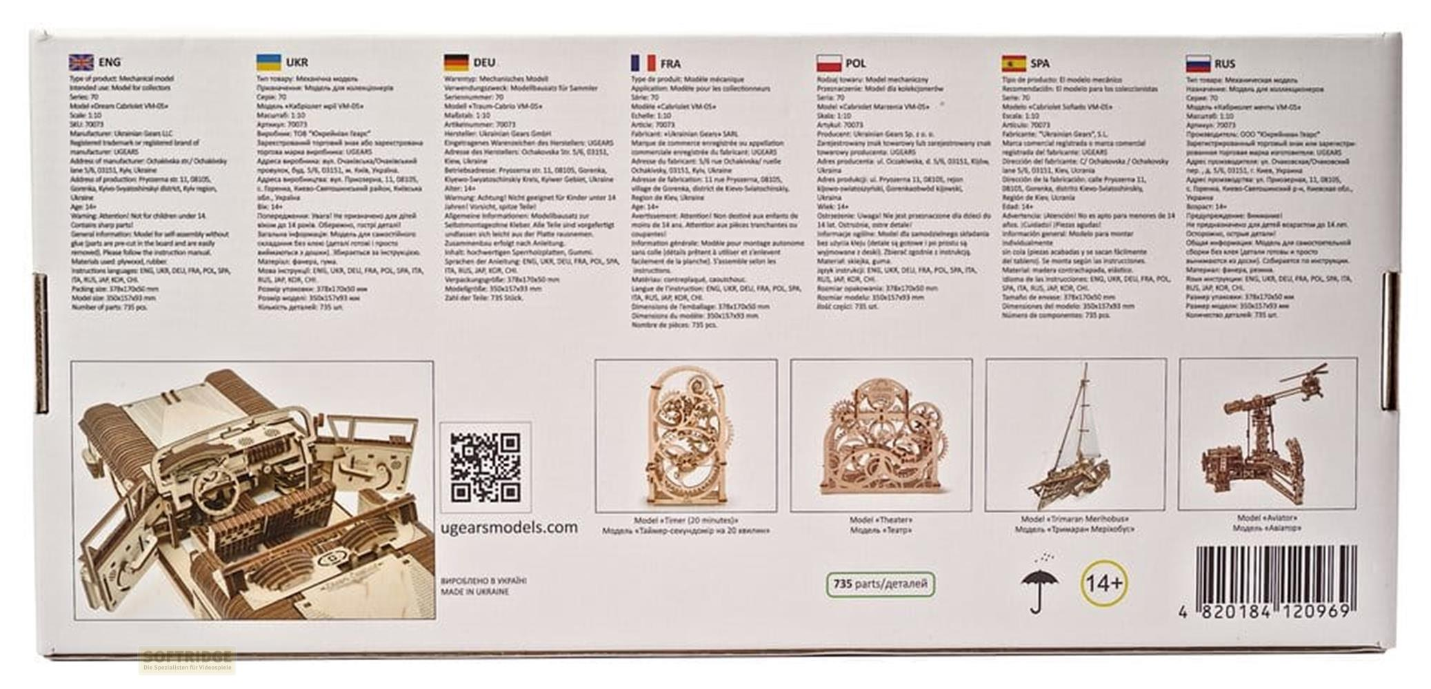 Produktkarton mit mehrsprachigem Text, Spezifikationen und Bildern von mechanischen Holzmodellen.
