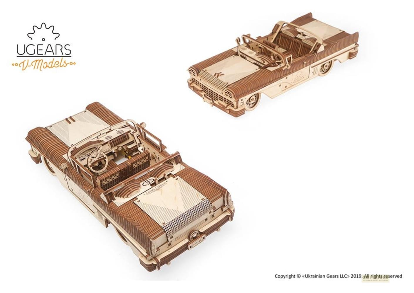 Zwei detailgetreue UGEARS Holz-Modellautos von Cabrios auf weißem Hintergrund mit UGEARS Logo.