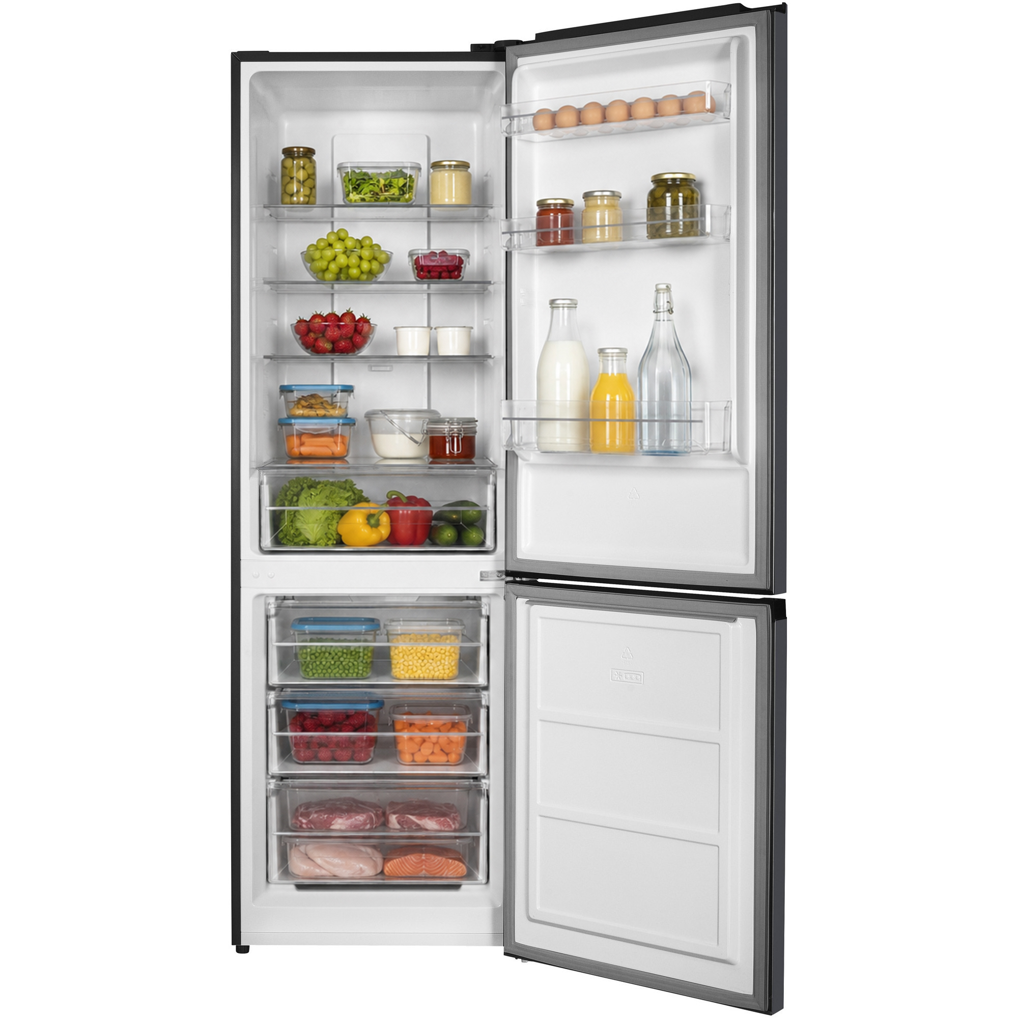 Ein offener Kühlschrank gefüllt mit frischem Obst, Gemüse, Getränken, Milchprodukten und Fleisch in den Fächern.