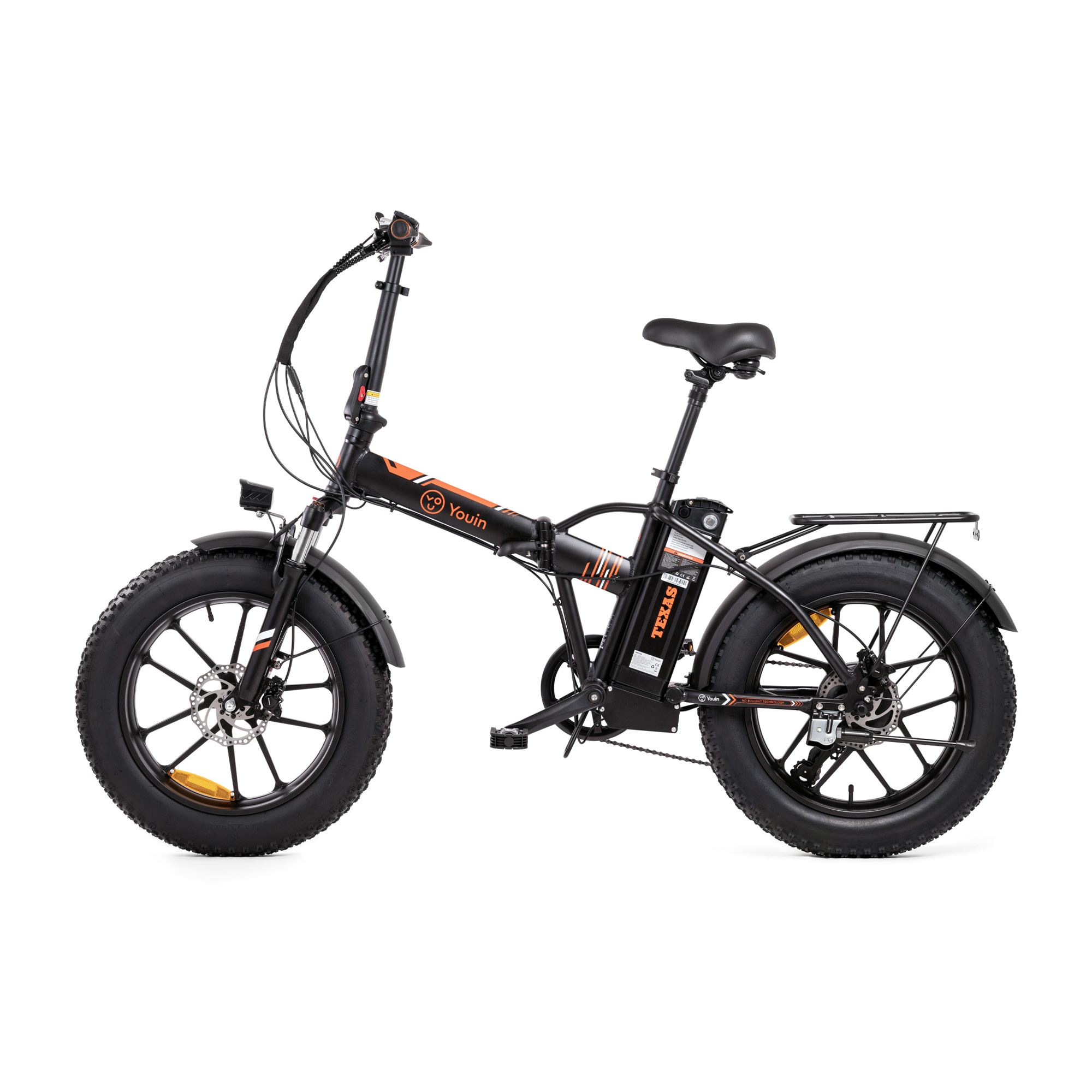 Una bicicleta eléctrica plegable Youin negra con neumáticos anchos y detalles naranjas sobre fondo blanco.