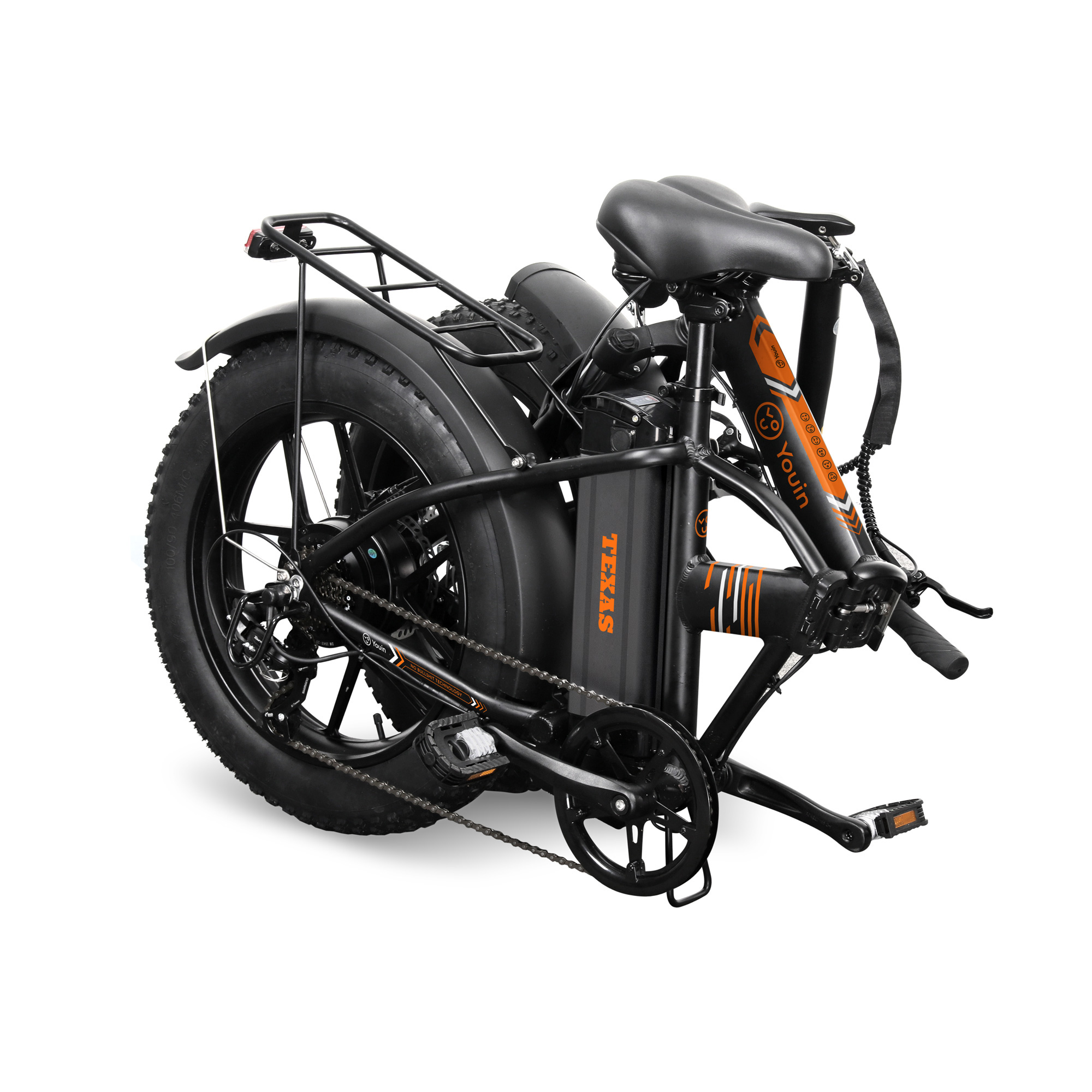 Una bicicleta eléctrica Youin Texas negra y naranja se muestra plegada sobre un fondo blanco sólido.