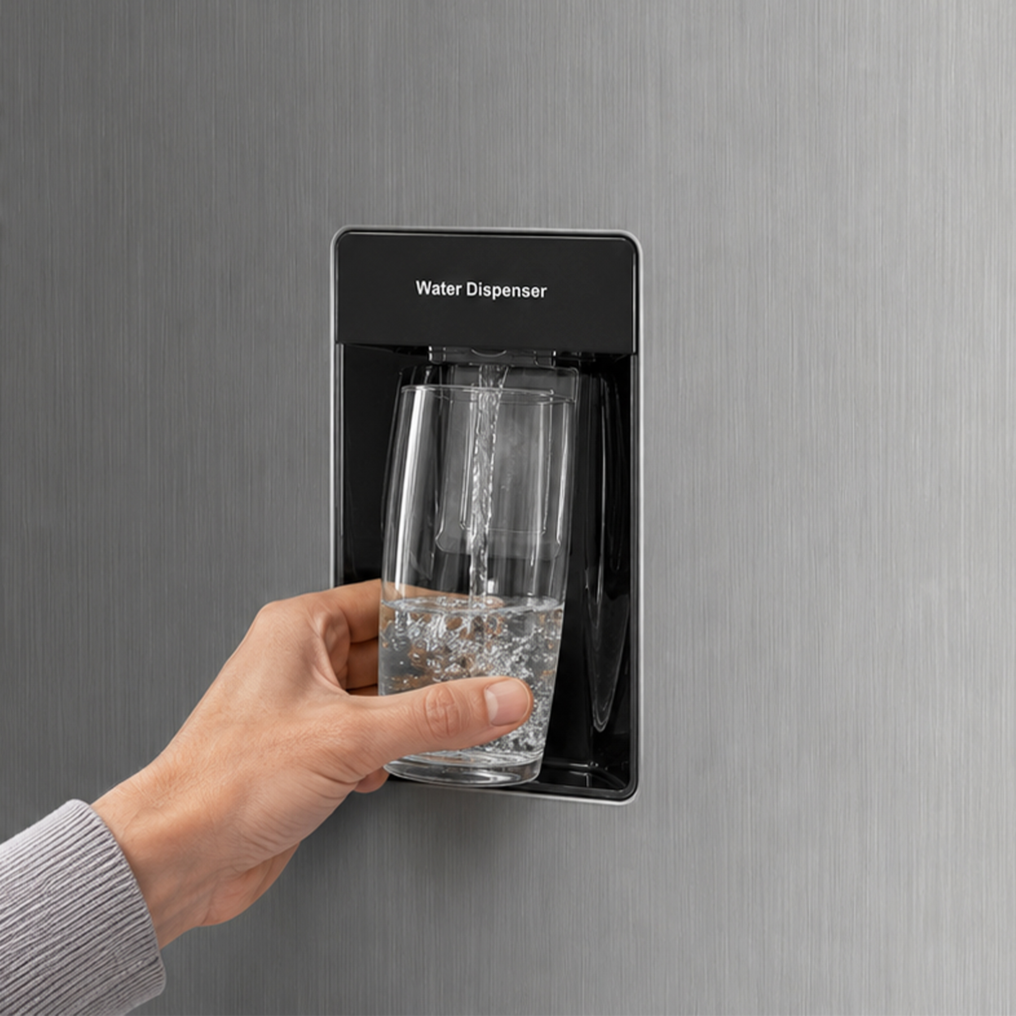 Eine Hand füllt ein Glas mit Wasser an einem Spender.
