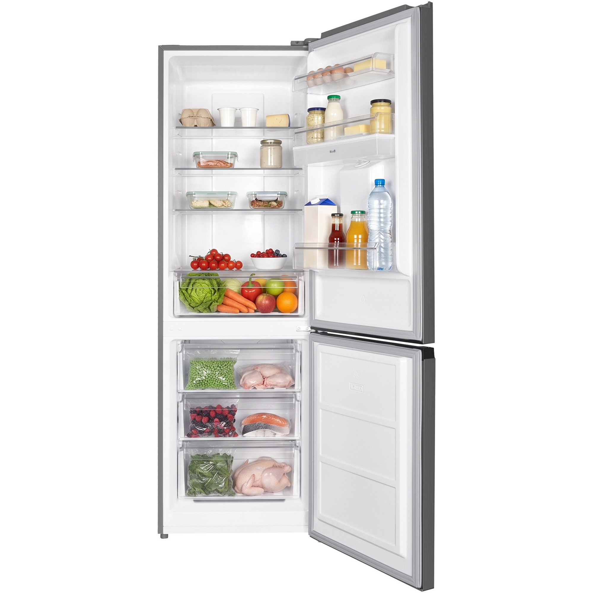 Ein offener Kühlschrank gefüllt mit frischem Gemüse, Obst, Flaschen und gefrorenen Lebensmitteln.