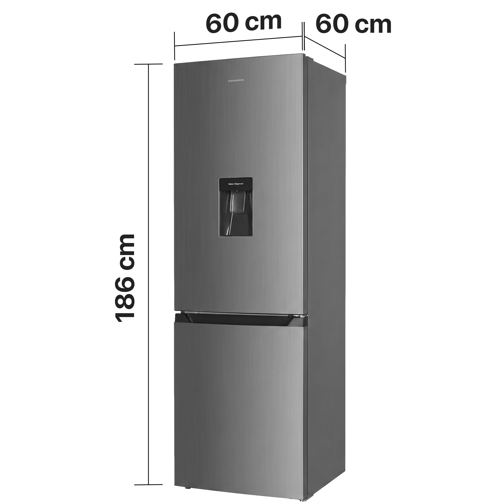 Grauer Heinner Kühlschrank mit integriertem Wasserspender, 186 cm Höhe, 60 cm Breite und 60 cm Tiefe.