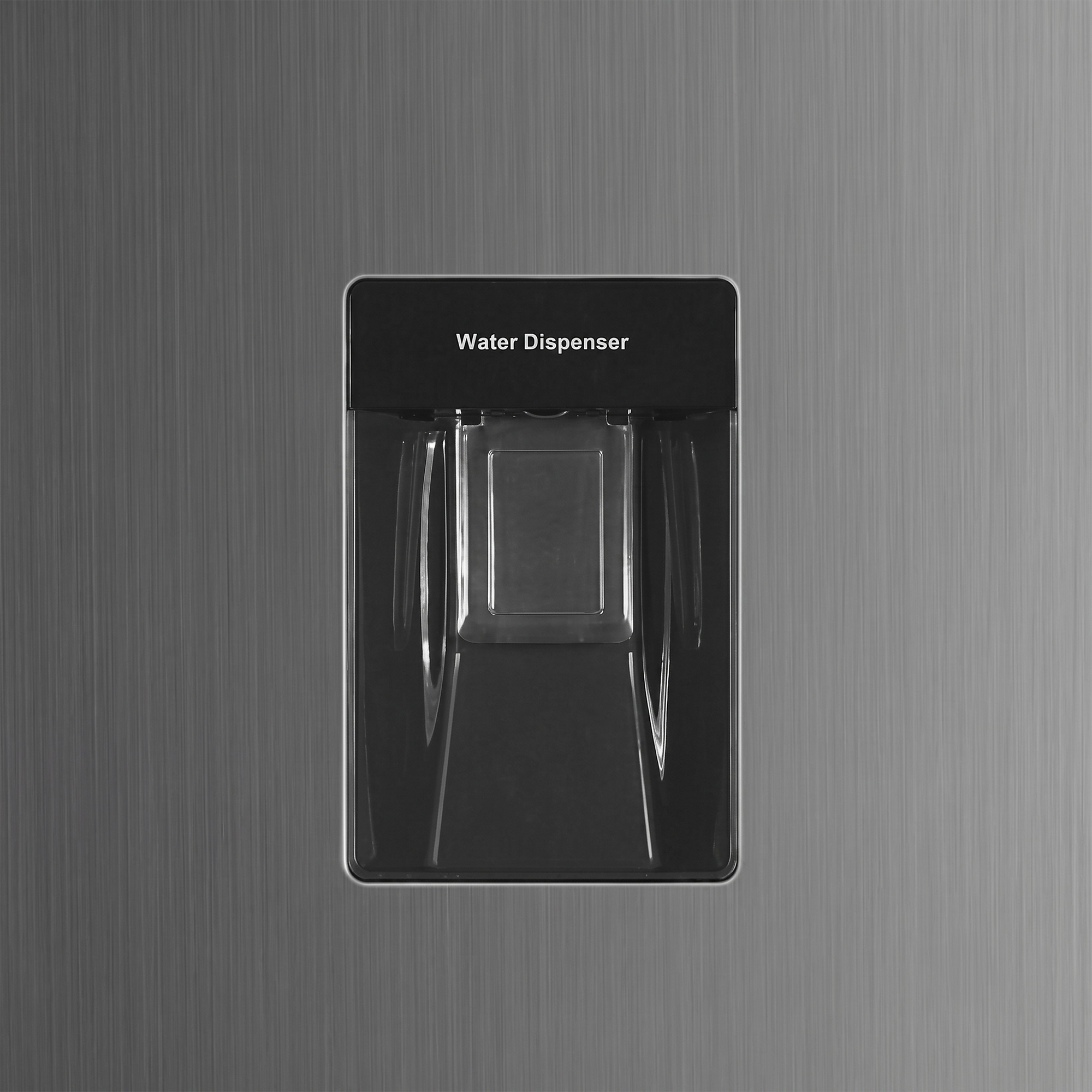 Ein schwarzer Wasserspender in einer gebürsteten Edelstahl-Kühlschranktür mit der Aufschrift Water Dispenser.