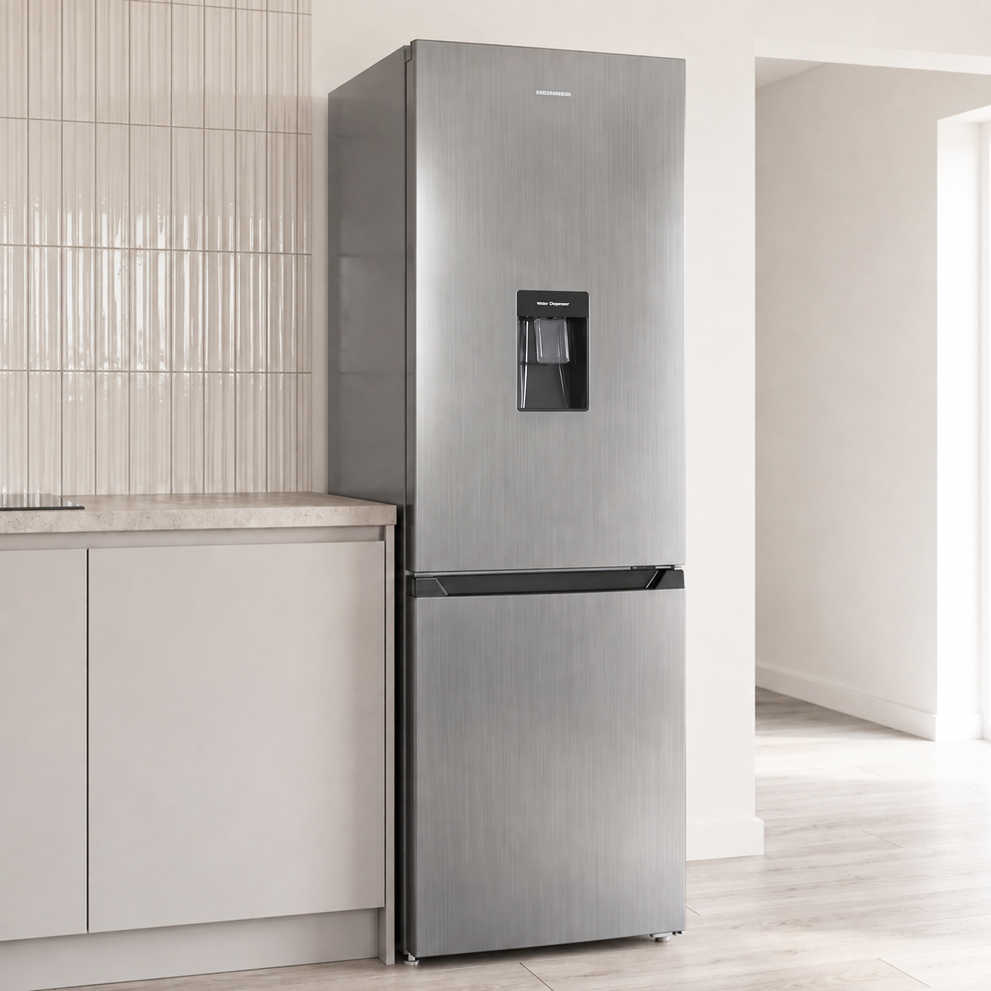 Ein silberner Kühlschrank mit Wasserspender steht in einer modernen Küche neben beigen Schränken und weißen Fliesen.
