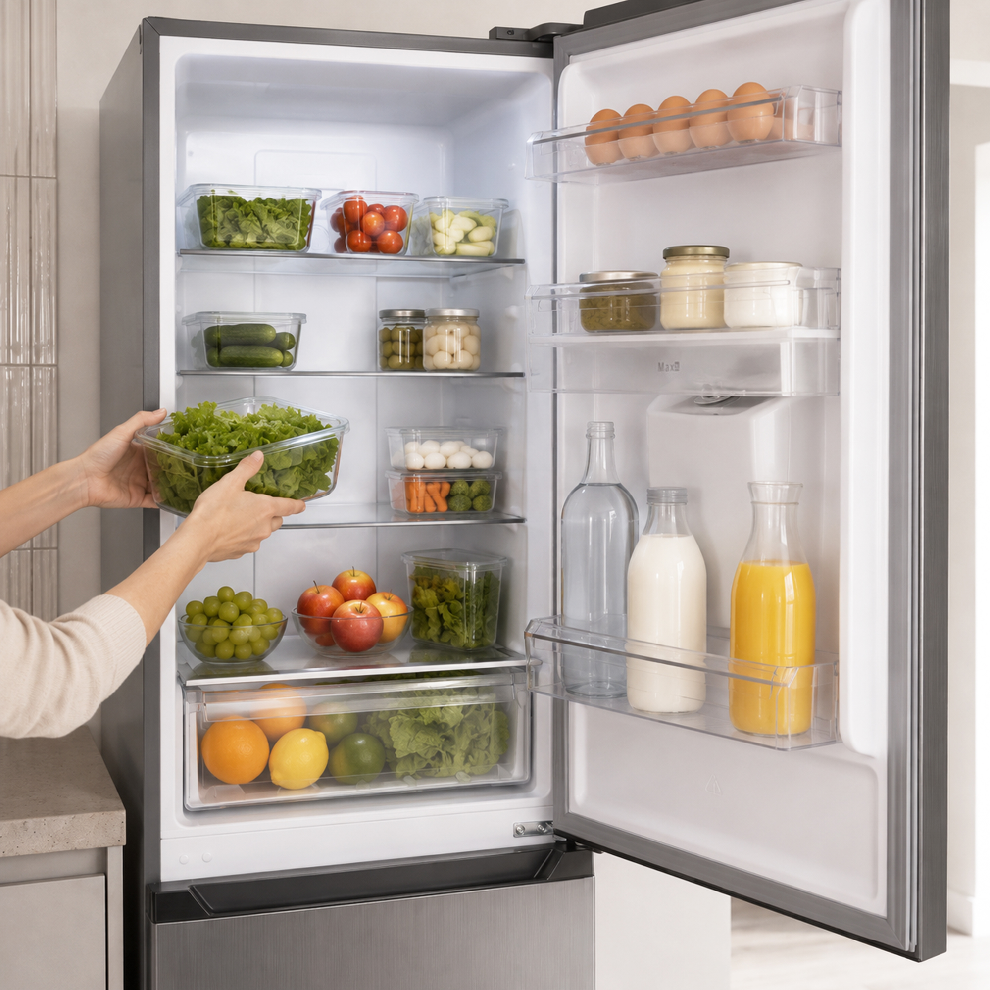 Eine Person stellt einen Behälter mit frischem Salat in einen offenen Kühlschrank mit Gemüse und Gläsern.