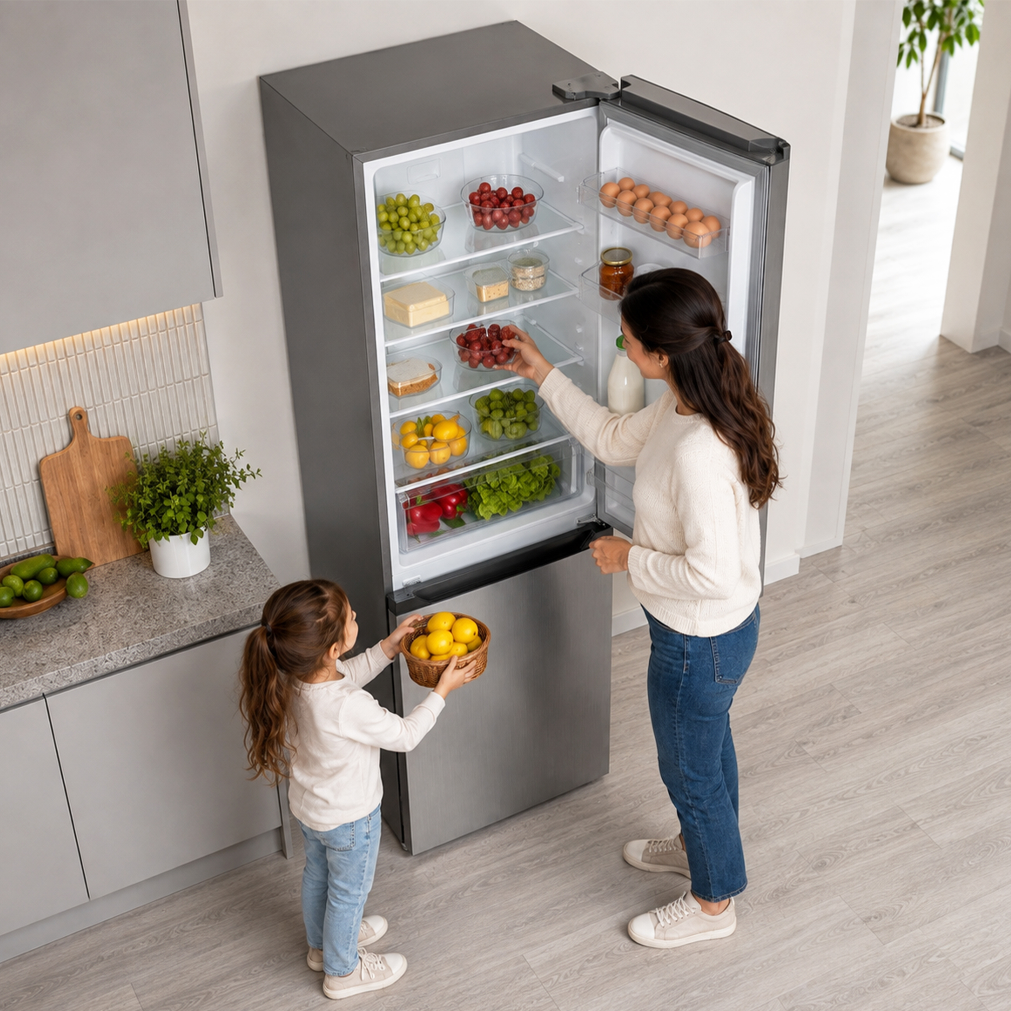 Eine Frau und ein Mädchen wählen frische Produkte aus einem gut gefüllten Kühlschrank in einer modernen Küche.