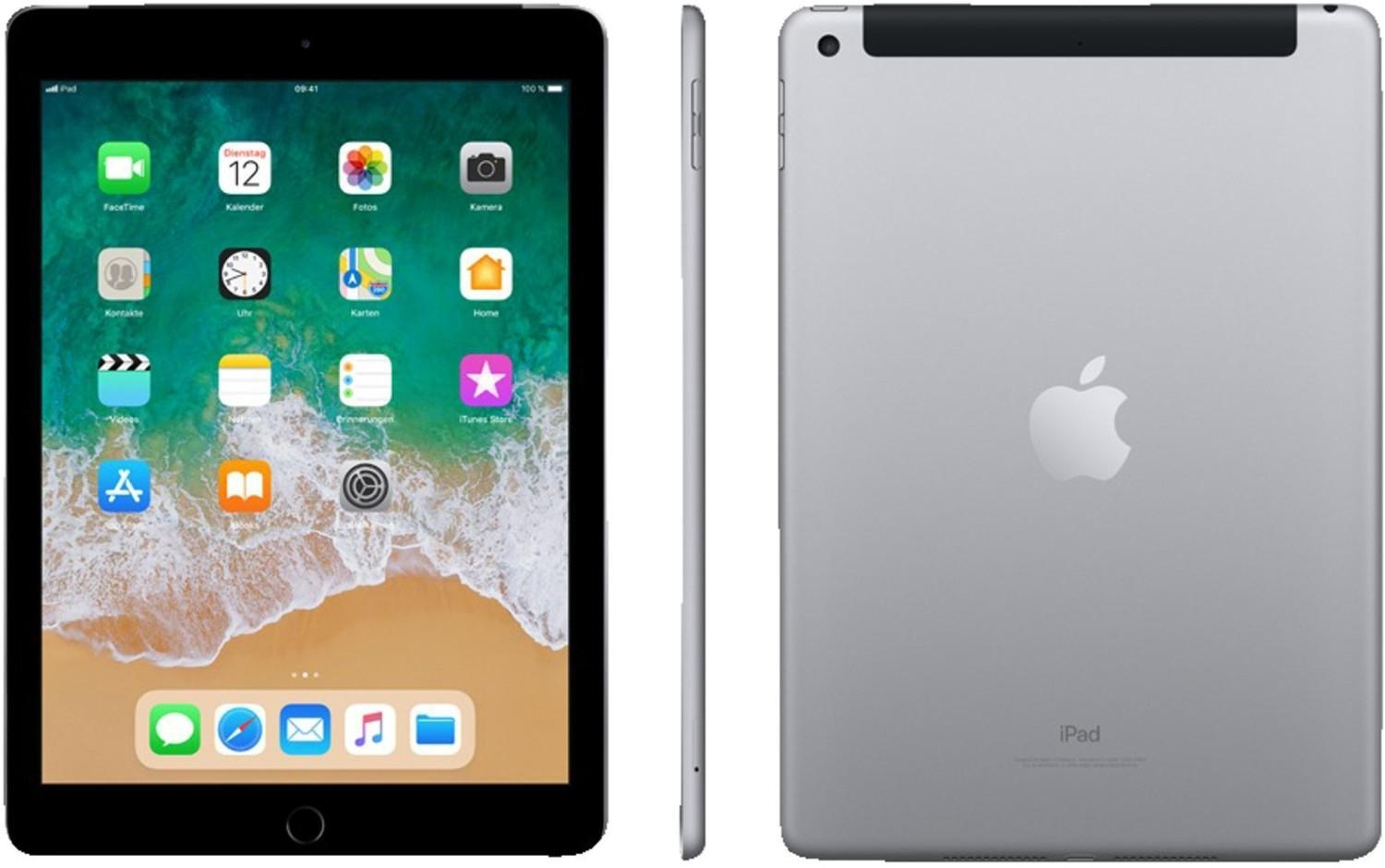 Viste di un tablet grigio: parte anteriore con schermo app, profilo laterale e retro con logo Apple.