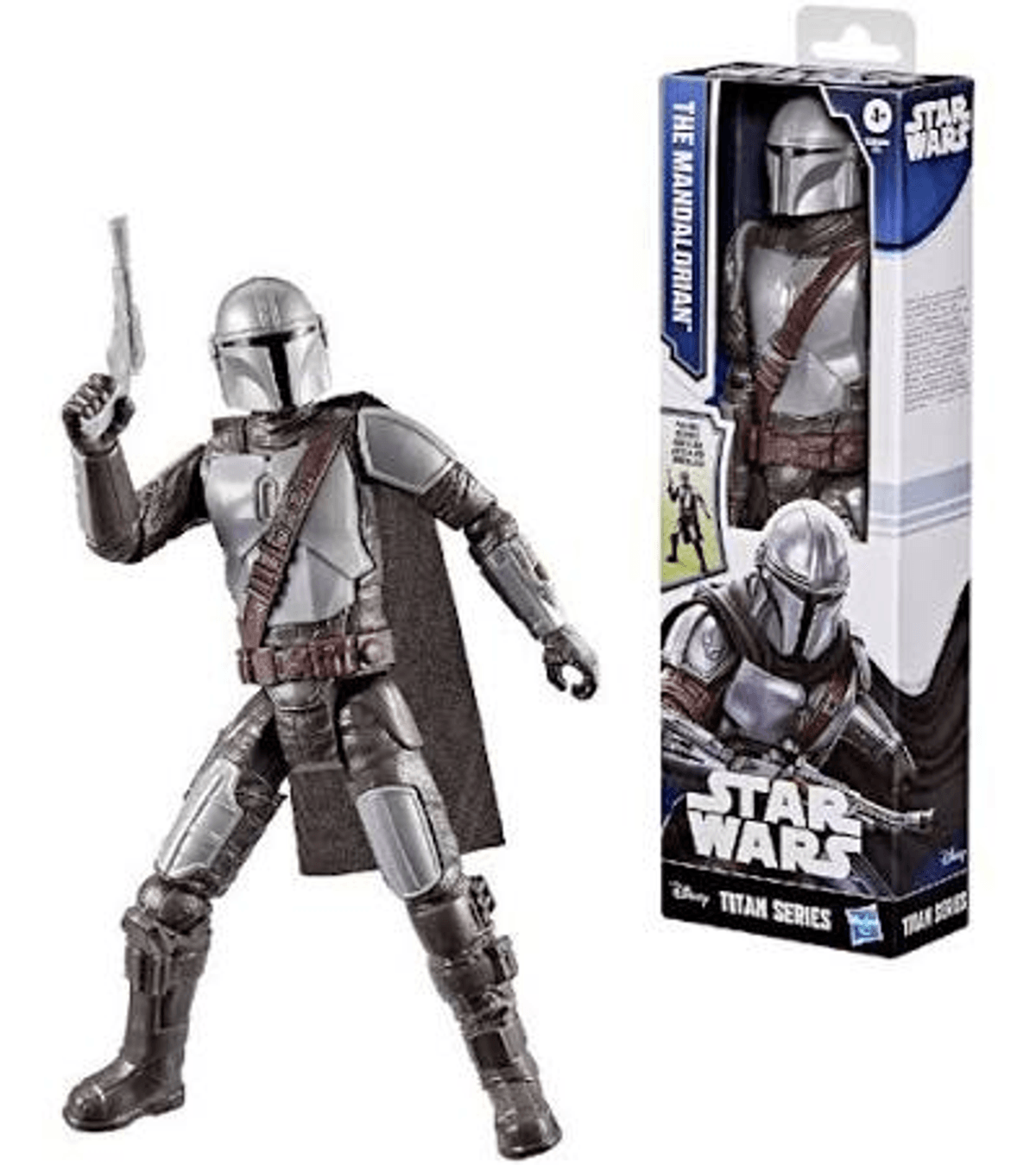 Mandalorian-Actionfigur in Silber und Braun mit Blaster neben der Verpackung.