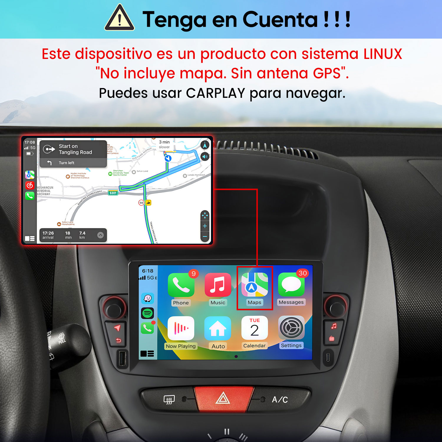 Autorradio Linux en salpicadero con navegación CarPlay e iconos de apps.