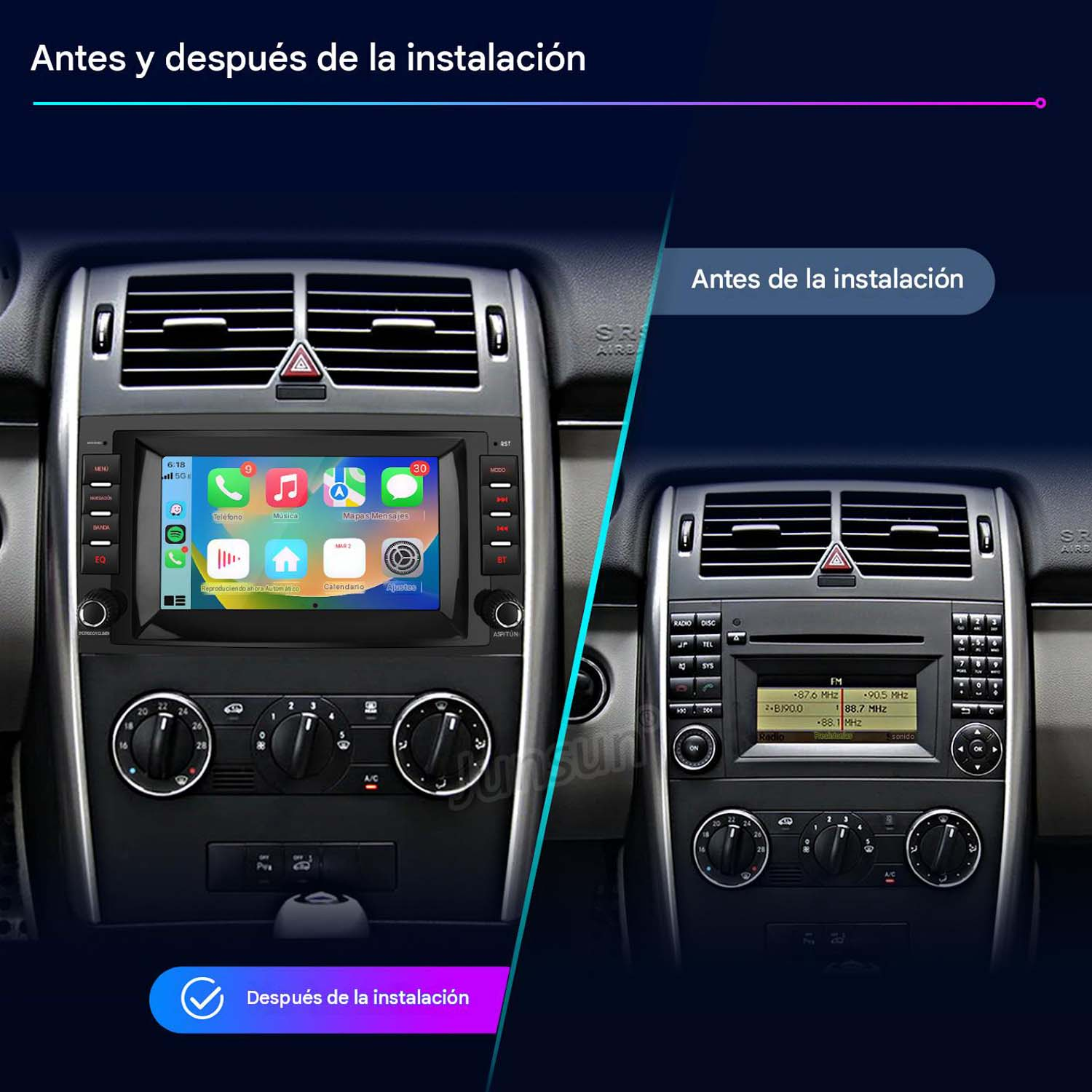 Interior del auto con radio: Antes muestra estéreo original, Después muestra pantalla táctil moderna.