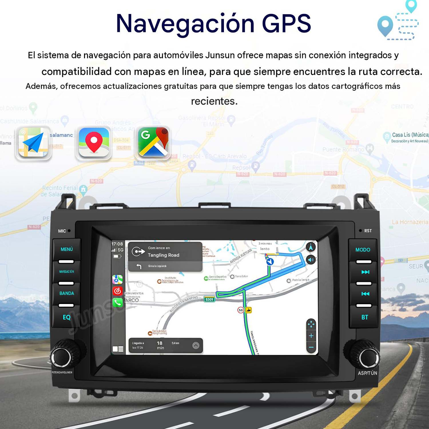 Un navegador GPS para coche muestra un mapa digital con guía de ruta, rodeado de texto en español e iconos de mapas.