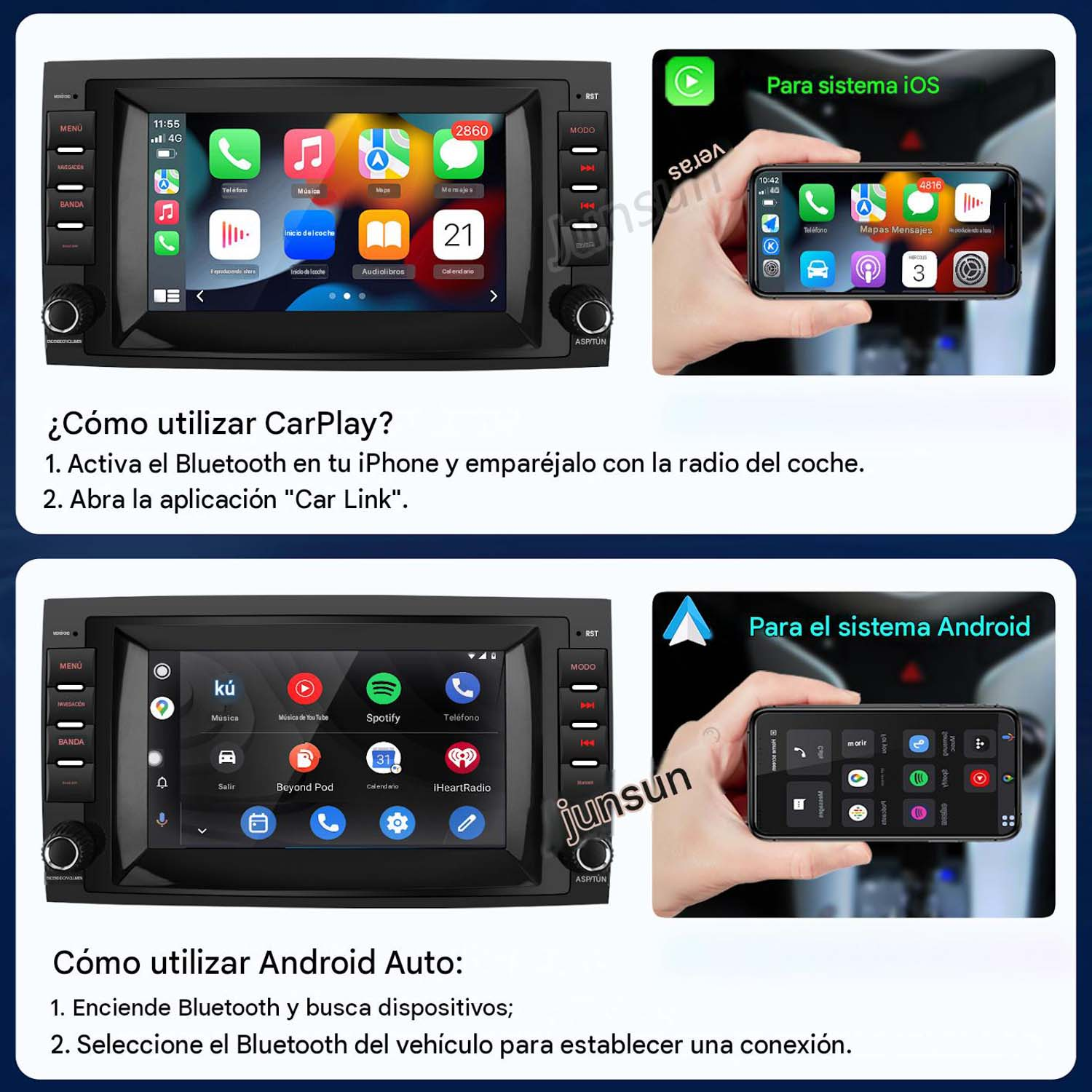 Instrucciones para usar Apple CarPlay y Android Auto en una radio de coche con conexión de smartphone.