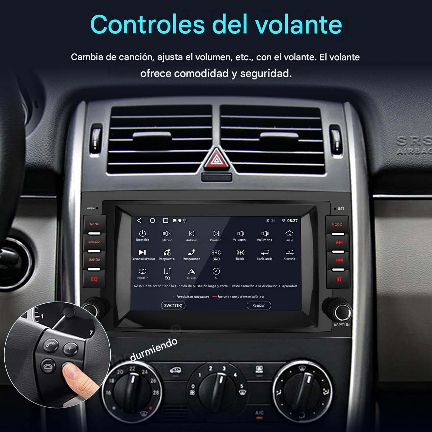 Interior de coche con sistema multimedia táctil y botones en el volante.