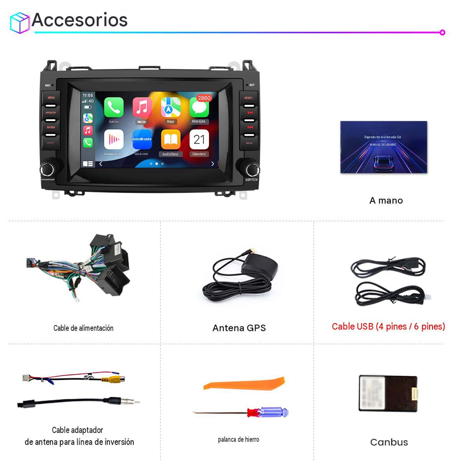 Unidad de autorradio y accesorios como cables de alimentación, antena GPS, cables USB y Canbus.