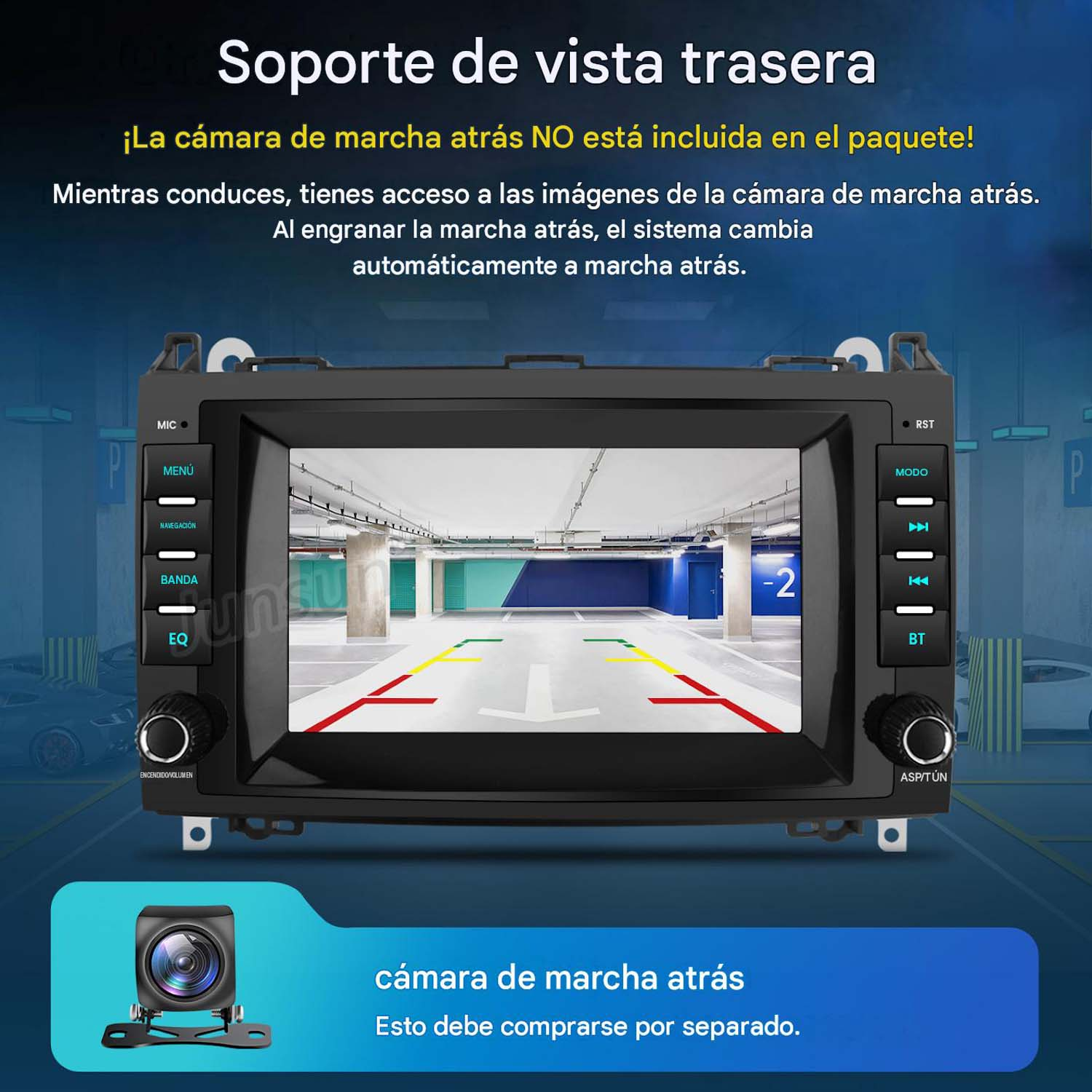 Autoradio con pantalla muestra la vista de cámara trasera de un estacionamiento.