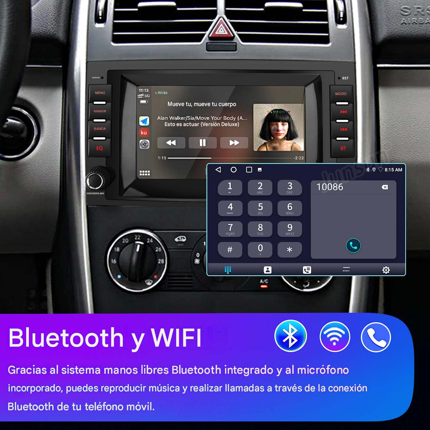 Radio de coche con pantalla táctil mostrando reproducción de música y teclado para llamadas Bluetooth.
