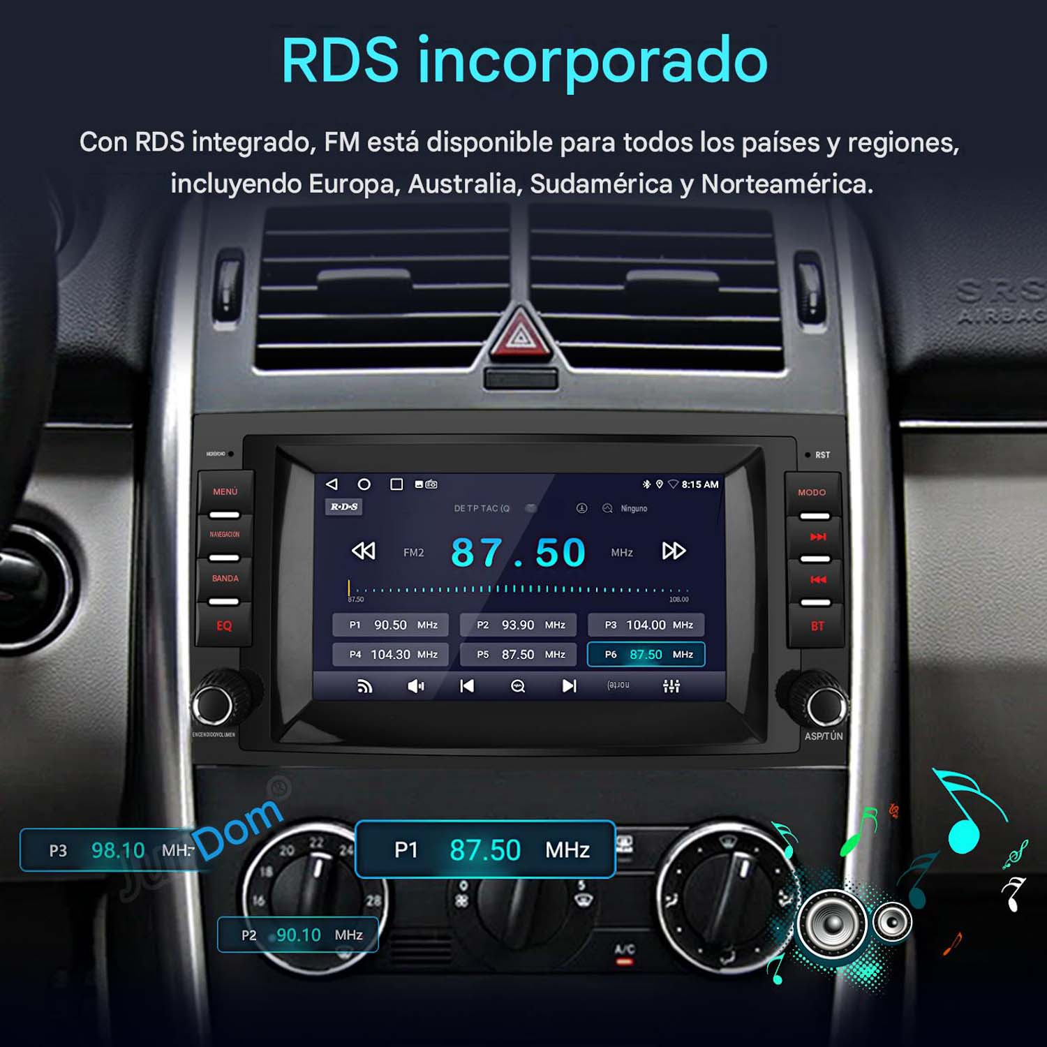 Salpicadero de coche con una pantalla de radio digital que muestra la frecuencia FM 87.50 MHz con RDS.