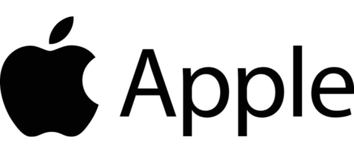 Das Apple-Logo zeigt einen schwarzen Apfel mit Biss und das Wort Apple rechts daneben auf weißem Hintergrund.