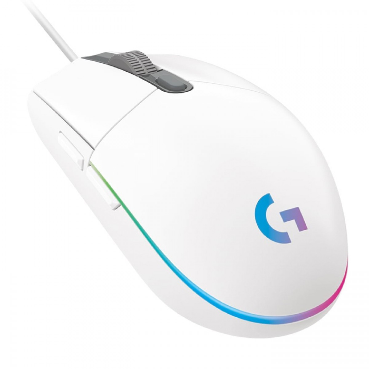 RGB aydınlatmalı ve Logitech logolu beyaz kablolu oyun faresi, üstten görünüm.