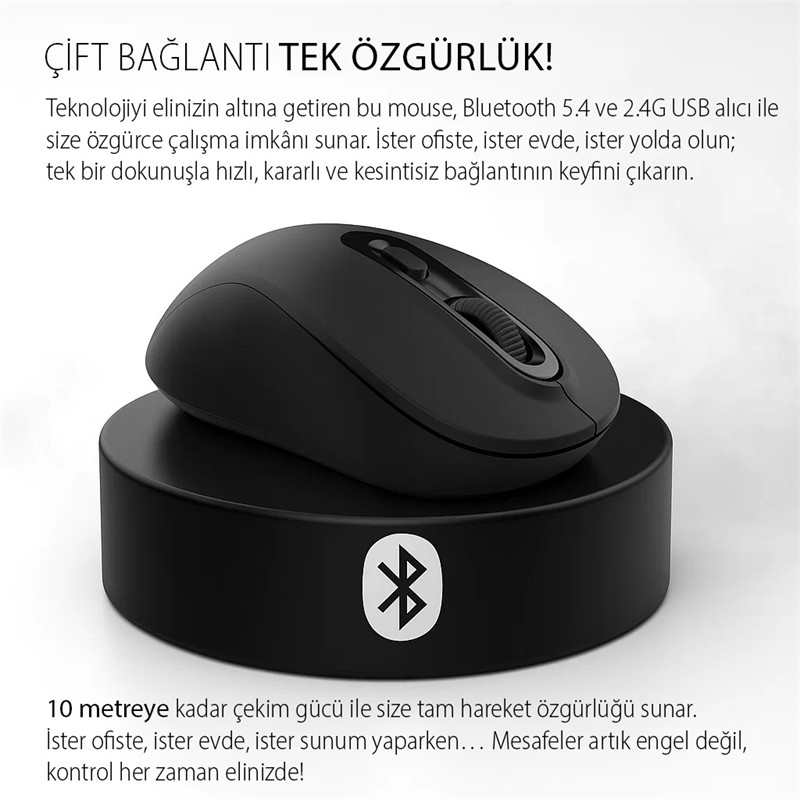 Bluetooth simgeli yuvarlak bir kaide üzerinde siyah kablosuz bilgisayar faresi, Türkçe metinle çevrili.
