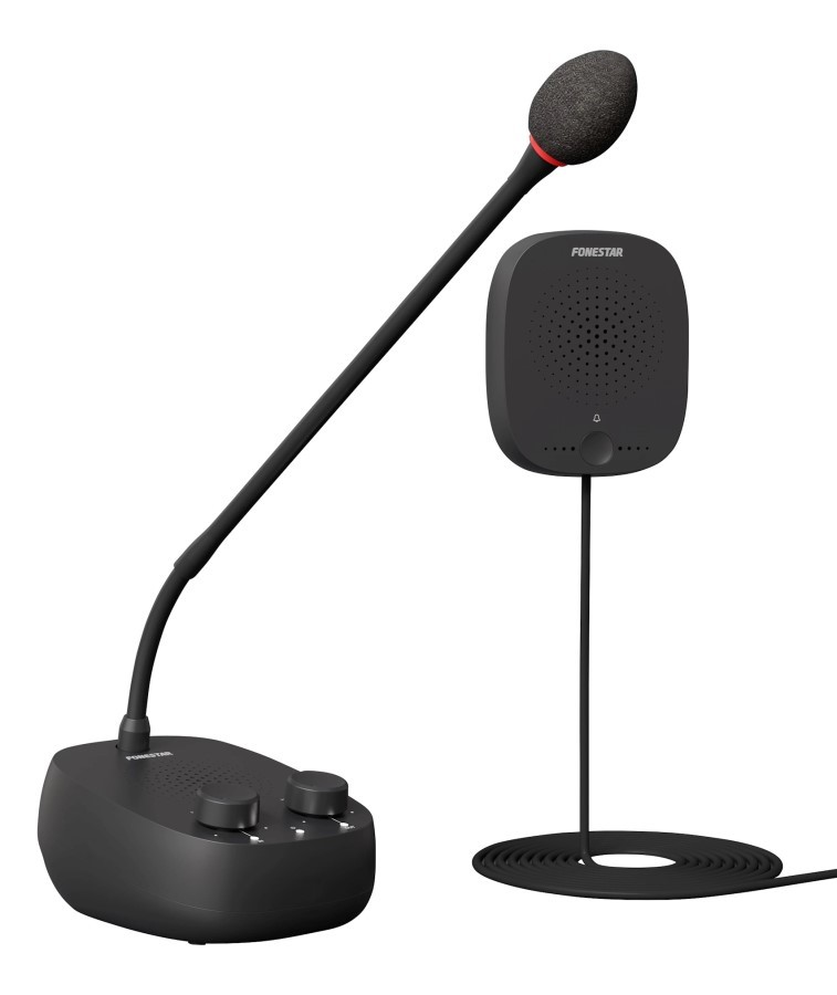 Un micrófono de conferencia negro con cuello de cisne largo, mandos de control y altavoz auxiliar conectado.