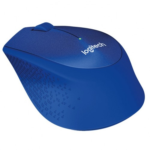 Beyaz arka planda yeşil LED ışıklı ve kaydırma tekerlekli mavi bir Logitech bilgisayar faresi.