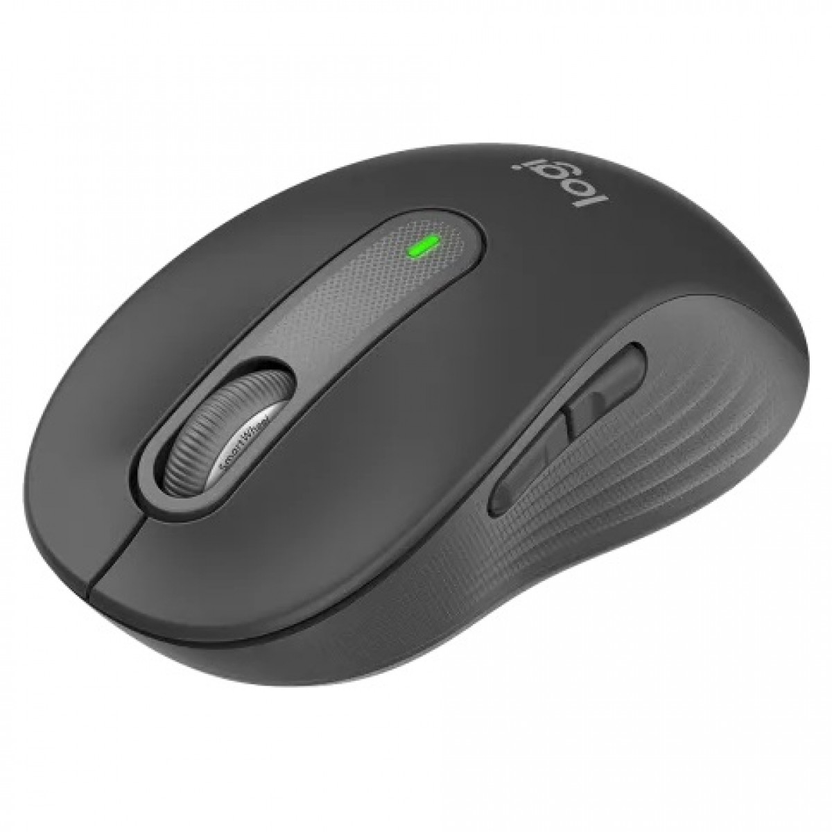 Beyaz arka planda kaydırma tekerleği ve yeşil durum ışığı olan gri bir Logitech bilgisayar faresi.