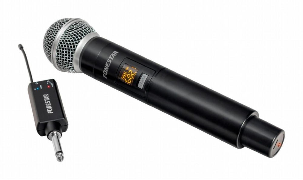 Microfono wireless Fonestar nero con testa a griglia argento e piccolo ricevitore wireless con jack.
