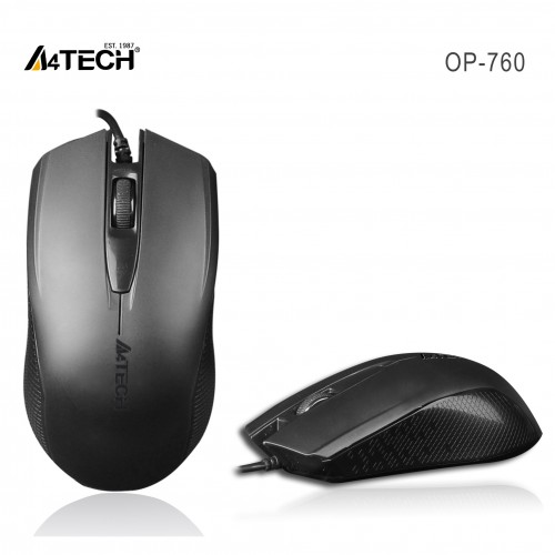 Beyaz arka planda şirket logolu siyah A4Tech OP-760 kablolu farenin iki görünümü.