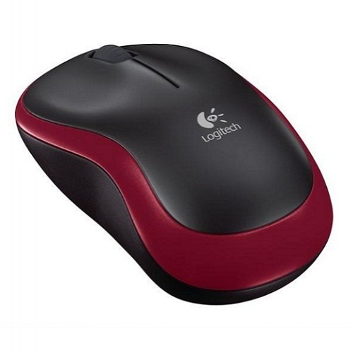 Beyaz arka planda siyah ve bordo renkli kablosuz Logitech bilgisayar faresi.
